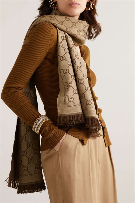 gucci + net sustain fringed organic wool-jacquard scarf|gucci silk blend scarves.